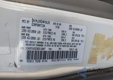 2003 Dodge Grand Caravan Se z USA, uszkodzony, nr VIN 1D4GP24323B313007